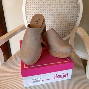 Corkys -Taupe watch your back clogs.